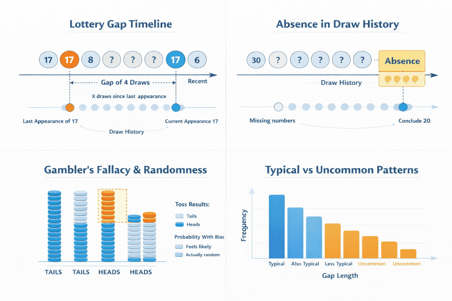 Four-panel diagram explaining lottery gap concepts: timeline, absence in draw history, Gambler's Fallacy, and typical vs uncommon gap patterns
