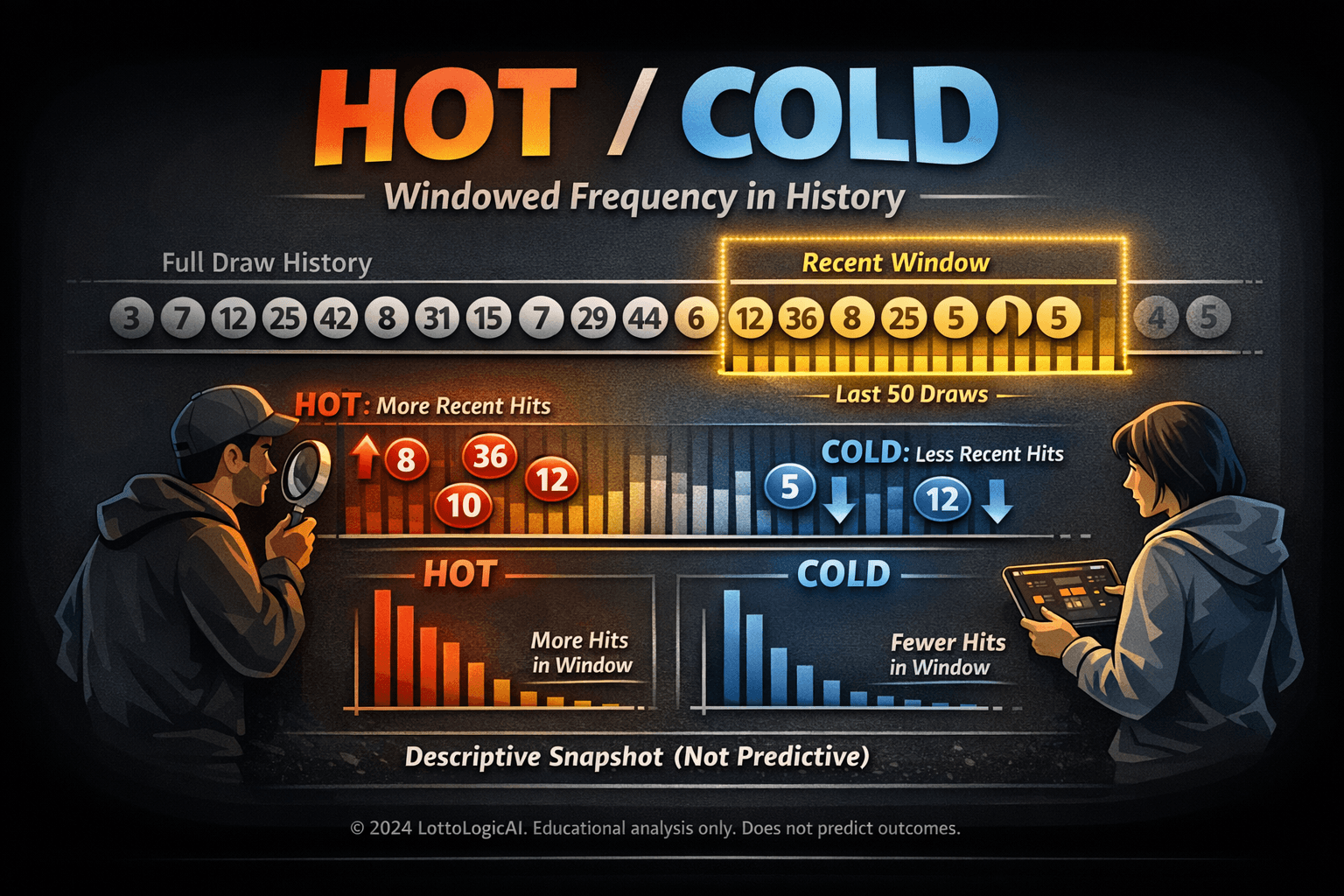 Educational hero illustration explaining hot and cold as windowed frequency in historical lottery analysis